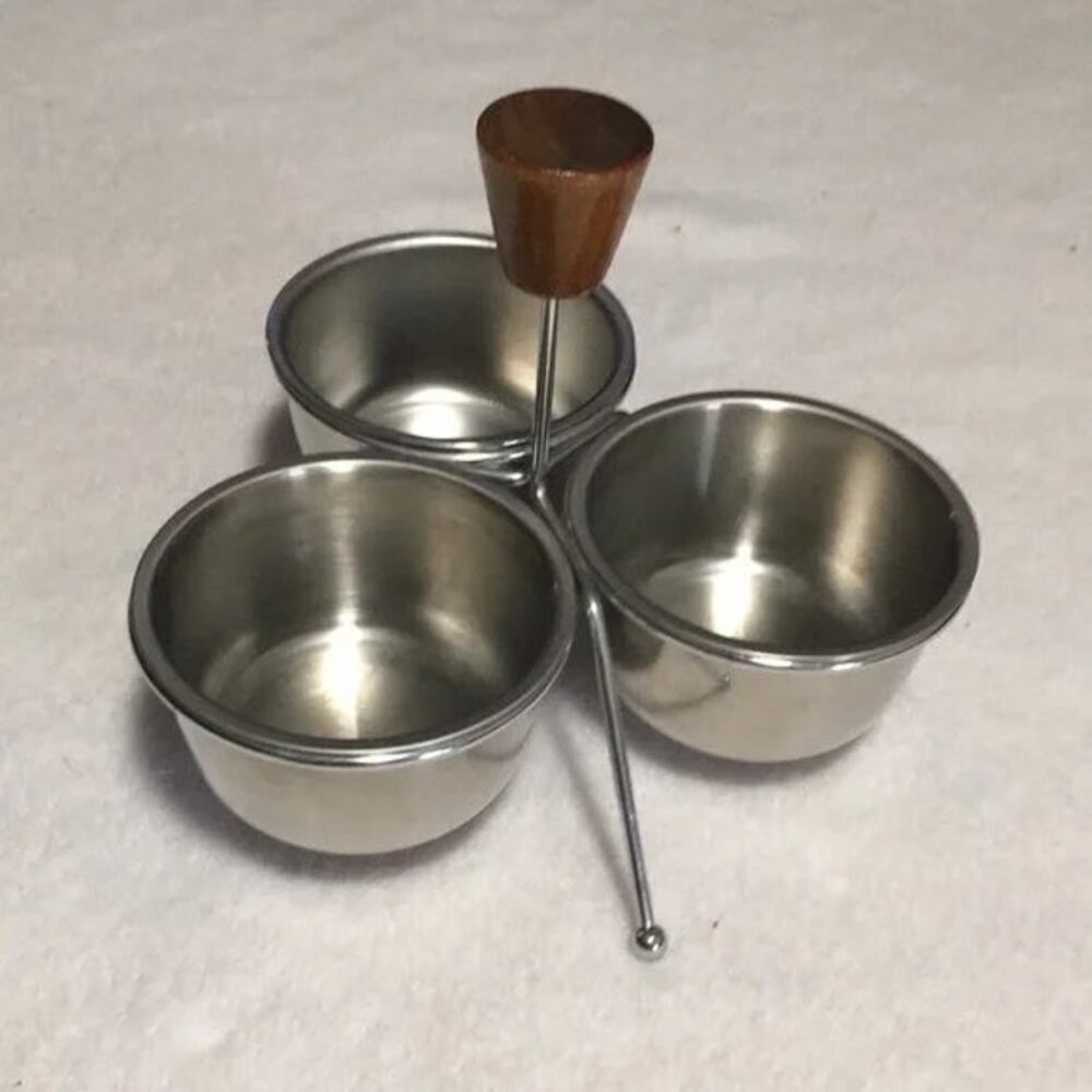 Vintage Mid Century Modern Condiment Tray W/bowls Wooden Knob Stainless Bowls